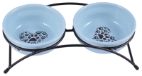 Миска Mr.Kranch керамическая  двойная на подставке для собак и кошек синяя 2 х 290 мл