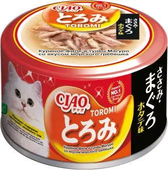 Влажный корм INABA CIAO для кошек Toromi Кур.филе,тунец Магуро, вкус морс.греб.бульон конс 80г 