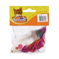 Игрушка Котенок мех Мышь, длинный мех, трехцветная с пищалкой на резинке 10 см