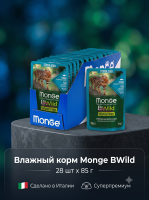 Влажный корм для стерил. кошек, беззерн., из тунца с креветк. и овощ., 28х85г Monge BWild GRAIN FREE