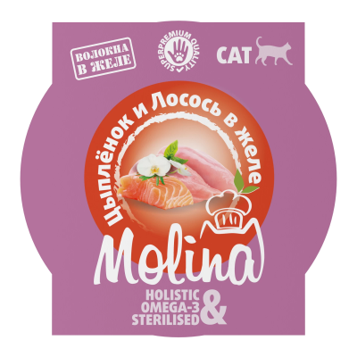 Влажный корм для кошек MOLINA, Цыпленок и лосось в желе, 75г