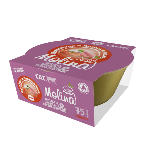 Влажный корм для кошек MOLINA, Цыпленок и лосось в желе, 12х75г