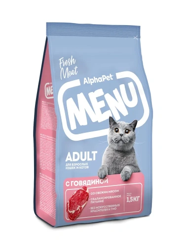 Сухой корм Альфа Пет MENU взрослых кошек и котов с Говядиной 1,5кг