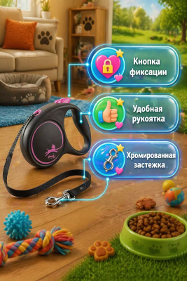 Flexi 56206F Рулетка Black Design M 5м до 20кг (трос) черно-розовая