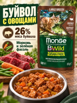 Влажный корм для котят и кошек крупн. пород, из мяса буйвола, 85г. Monge Cat BWild GRAIN FREE