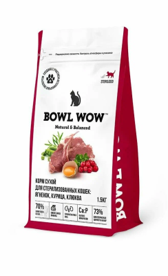 Сухой корм BOWL WOW Fresh Meat для стерилизованных кошек с ягненком, курицей и клюквой 1,5 кг