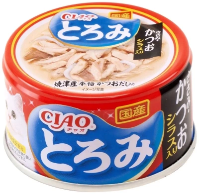 Влажный корм INABA CIAO для кошек Toromi Кур.филе,тунец Кацуо,мальки ширасу бульон консерва  80г