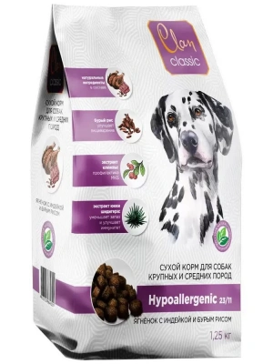 Сухой корм CLAN CLASSIC Hypoallergenic, для собак, средн и крупн. пород, ягненок-индейка, 1,25кг