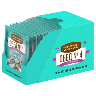 Влажный корм Деревенсие лакомства Обед №4 для кошек тунец с крабом в нежном желе 12*50г.
