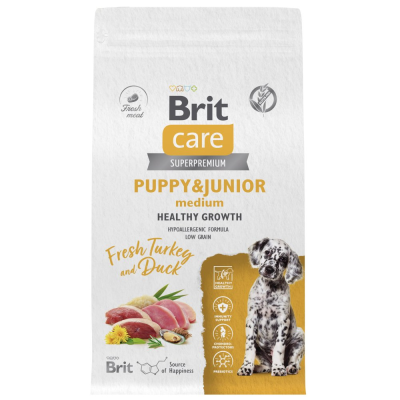 Сухой корм Брит Care Dog Puppy&Junior M Healthy Growth, для щенков Индейка и Утка, 1,5 кг