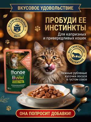 Влажный корм для стерил. кошек, беззерн., лосось с креветк. и овощ., 28х85г. Monge BWild GRAIN FREE