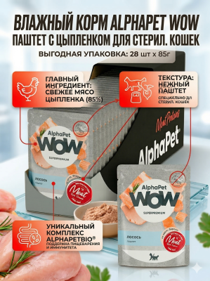 Влажный корм AlphaPet  WOW Superpremium для стерил. кошек, паштет с цыпленком 28х85гр