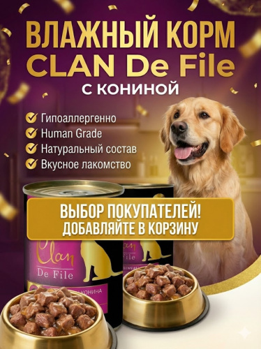 Влажный корм CLAN De File консервы для собак, конина, 340 г