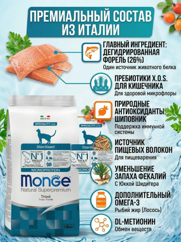 Сухой корм Monge Cat Speciality Line Monoprotein Sterilised для стерил. кошек из форели 1,5к