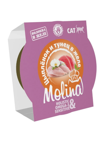 Влажный корм MOLINA, ламистер для взрослых кошек. Цыпленок и тунец в желе, 12х75г