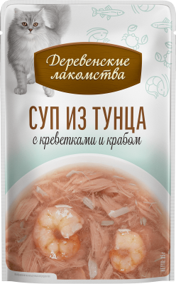 Деревенские лакомства 4х35 г суп для кошек из тунца с креветками и крабом пауч
