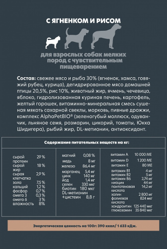 Сухой корм Альфа Пет для собак мелких пород с чувствительным пищеварением с Ягненком и рисом 1,5 кг