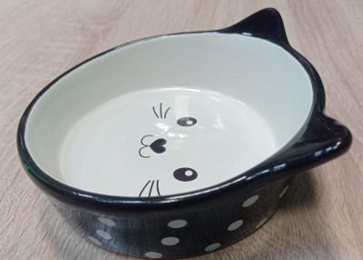 Миска Mr.Kranch керамическая  для кошек "Мордочка кошки" Черная в горошек 250 мл
