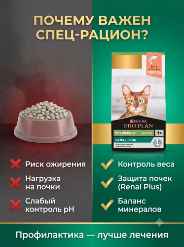 Сухой корм для стерилизованных кошек Sterilised Renal Plus,  Лосось, 800г. PRO PLAN 