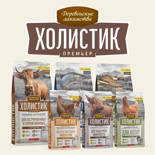 Сухой корм Деревенские лакомства ХОЛИСТИК ПРЕМЬЕР для кошек для поддержки иммунитета с говядиной 400