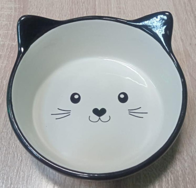 Миска Mr.Kranch керамическая  для кошек "Мордочка кошки" Черная в горошек 250 мл