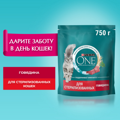 Сухой корм Purina ONE для стерилизованных кошек и котов, с высоким содержанием говядины, 750 г