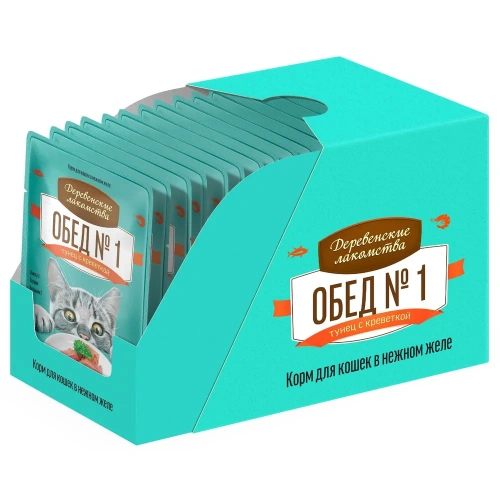 Влажный корм Деревенсие лакомства Обед №1 для кошек тунец с креветкой в нежном желе 12*50г.