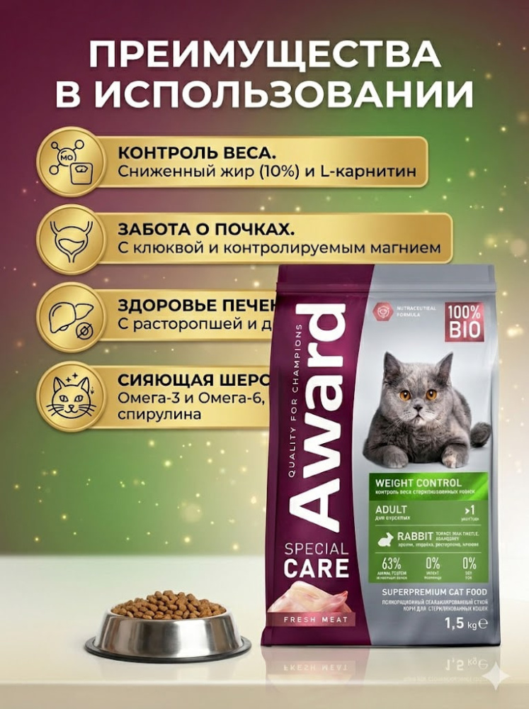Сухой корм AWARD Weight Control для стерилизованных кошек для контроля веса с кроликом 1,5 кг 