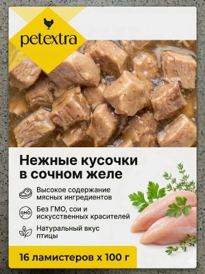 Влажный корм PETEXTRA для взрослых стерилизованных кошек, жаркое из птицы, в ламистерах - 16х100г