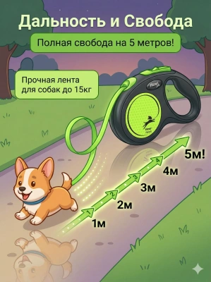Поводок-рулетка Flexi New Neon tape размер - S 5м, 15кг, зеленая