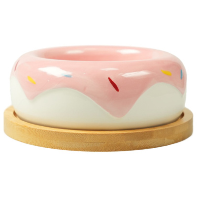 Миска Mr.Kranch Bamboo Пончик, керамическая, розовая на бамбуковой подставке 250 мл