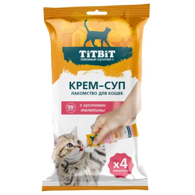 Лакомство Титбит для кошек крем-суп с кусочками Телятины 4шт*10г