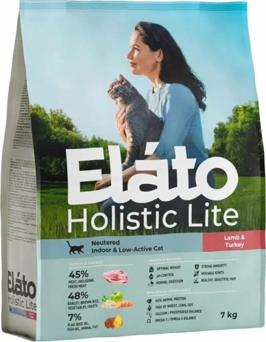 Сухой корм для стерилизованных кошек с ягненком и индейкой, 7 кг. Elato Holistic Lite