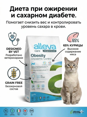 Корм Alleva Care Cat Adult Obesity Glycemic Control сухой диетический корм для кошек, 1,5 кг