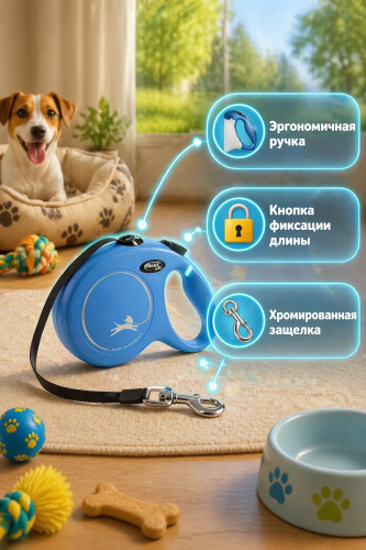 Flexi 42602F Рулетка New Classic L 5м до 50кг (ремень) синяя