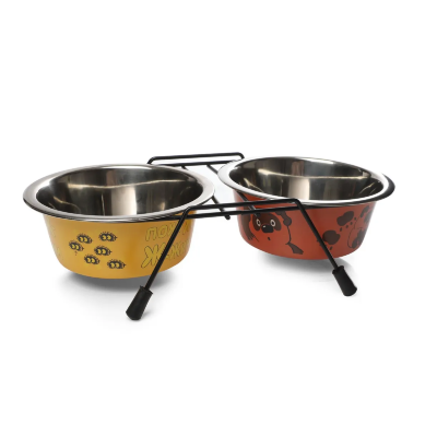 Миска для животных Triol СОЮЗМУЛЬТФИЛЬМ "Пожужжим" металлическая двойная на подставке, 2х0.75л