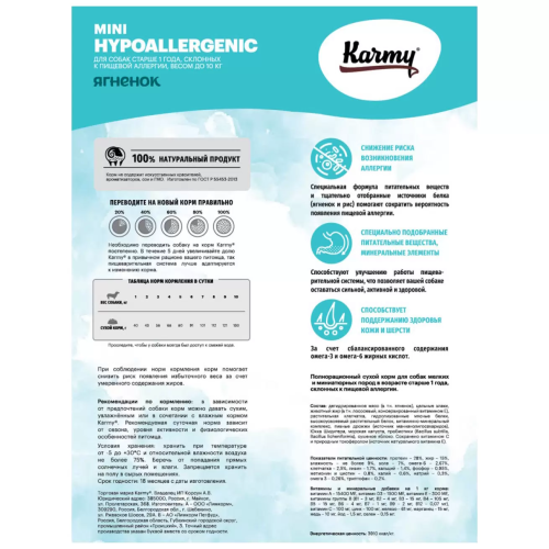 Сухой корм Karmy для собак мелких пород, склонных к пищевой аллергии Ягненок 10кг