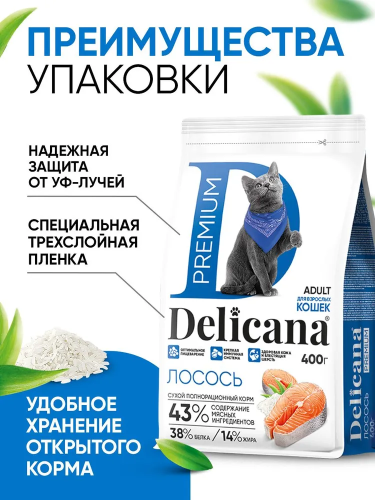 Сухой корм DELICANA  для взрослых кошек  с лососем 0,4кг 