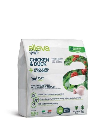 Сухой корм Аллева Холистик для взрослых кошек с курицей и уткой, алое вера и женьшенем 0,4 кг