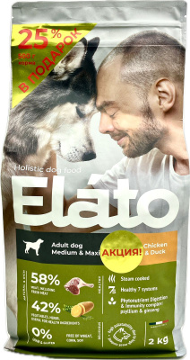 Сухой корм Элато Holistic для собак средних и крупных пород Курица и Утка 2кг + 25% в подарок