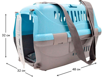 Переноска для животных "Турне" M прозрачной пластиковой дверцей (коврик+ремень) 48*32*32 см голубая