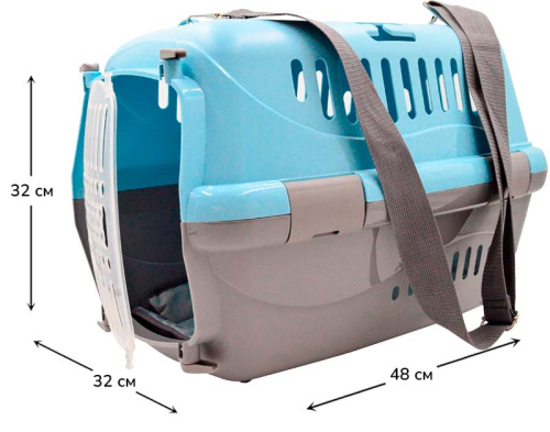 Переноска для животных "Турне" M прозрачной пластиковой дверцей (коврик+ремень) 48*32*32 см голубая