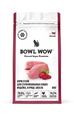 Сухой корм BOWL WOW для стерилизованных кошек с индейкой и свеклой 1,5 кг