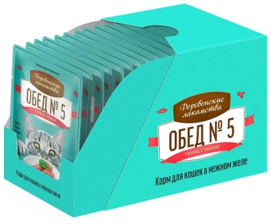 Влажный корм Деревенсие лакомства Обед №5 для кошек тунец с икрой в нежном желе 12*50г.