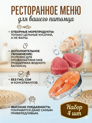 Деревенские лакомства 4х35 г суп для кошек из тунца с лососем и гребешком пауч