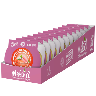 Влажный корм для кошек MOLINA, Цыпленок и лосось в желе, 12х75г