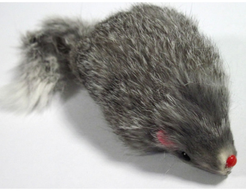 Игрушка Триол для кошек мех натуральный длинный, Мышь, с погремушкой серая, 14 см