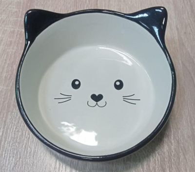 Миска Mr.Kranch керамическая  для кошек "Мордочка кошки" Черная в горошек 250 мл