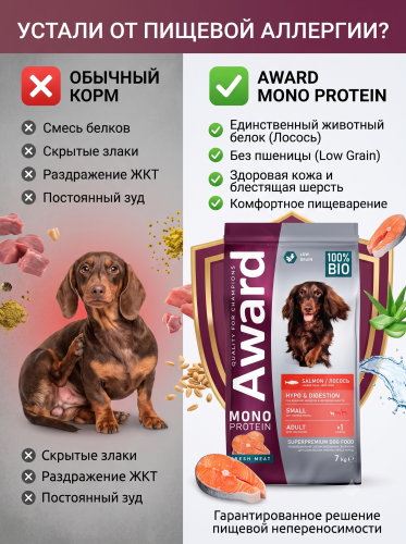Сухой корм для  мелких и миниатюр. собак из лосося с семянами льна и алоэ вера 7кг AWARD Monoprotein