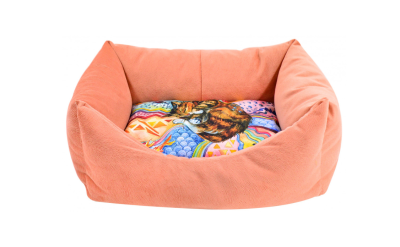 730013к Лежанка пухлик "Сны" рисунок Кошка мебельная ткань №1 43*32*21 см коралловая